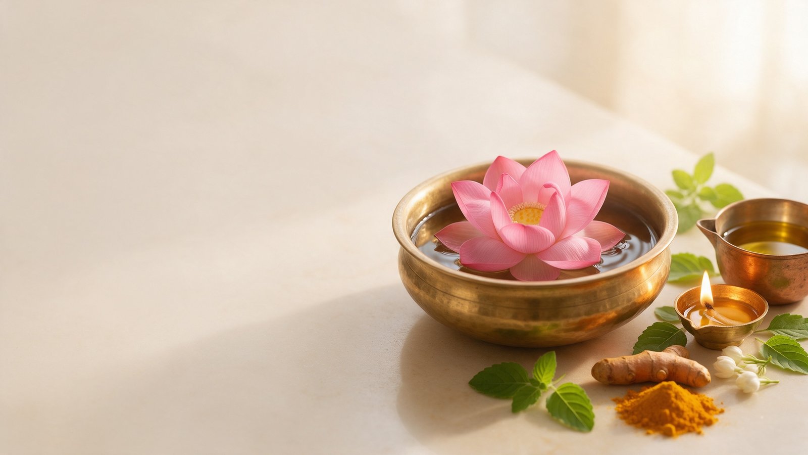 A lotus floating in a brass bowl beside a diya, turmeric and tulsi leaves